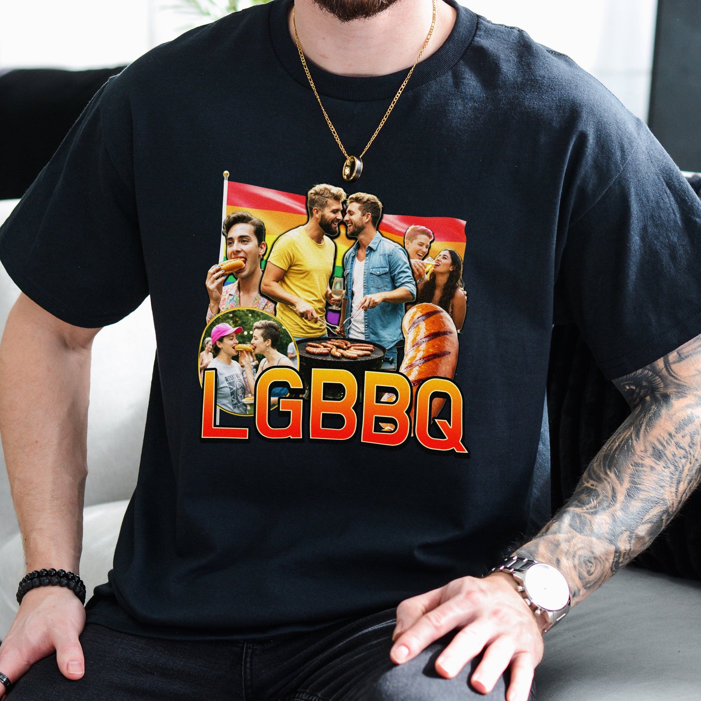 Person wearing a black t-shirt with a colorful graphic and 'LGBBQ' text.