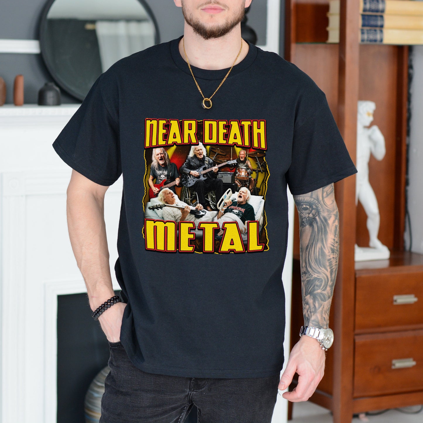 Person wearing a black t-shirt with 'Near Death Metal' graphic design.