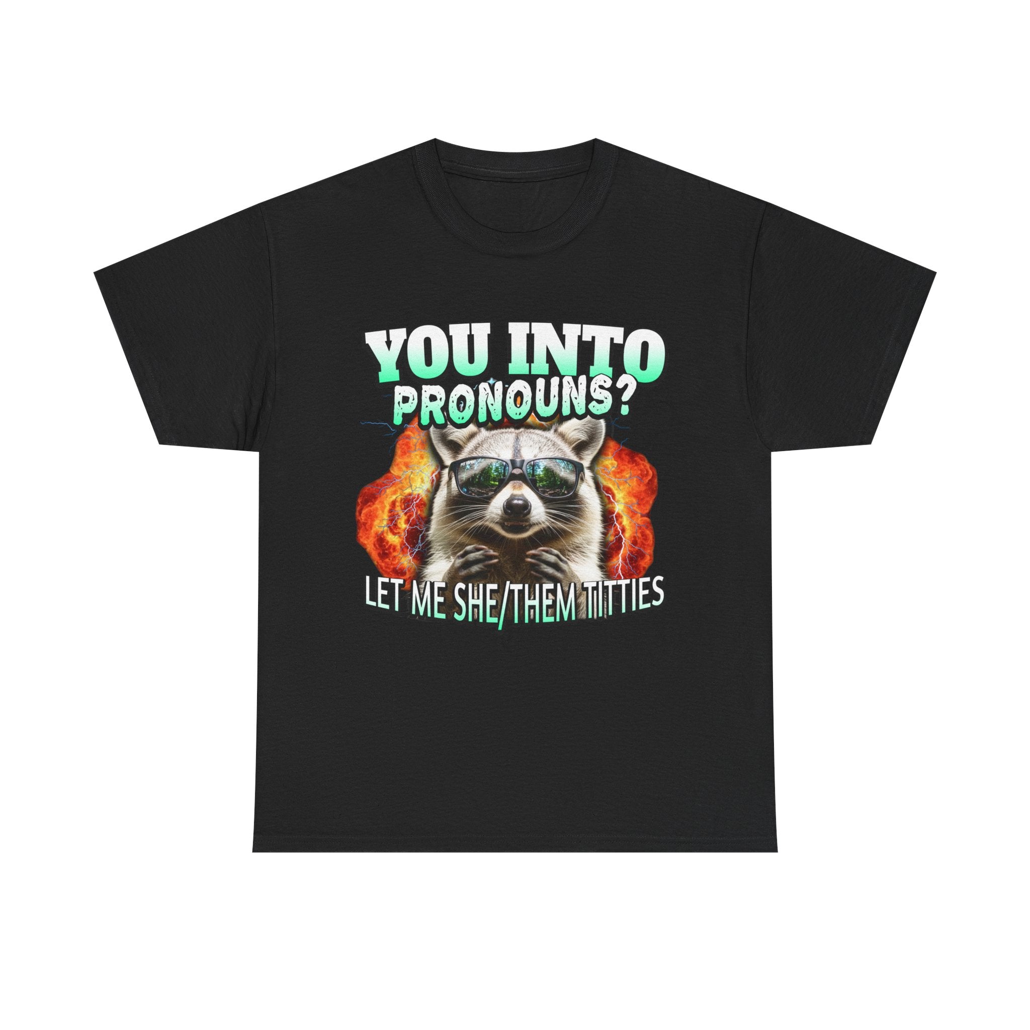 LET ME SHE/THEM TITTIES RACCOON PRONOUNS SHIRT
