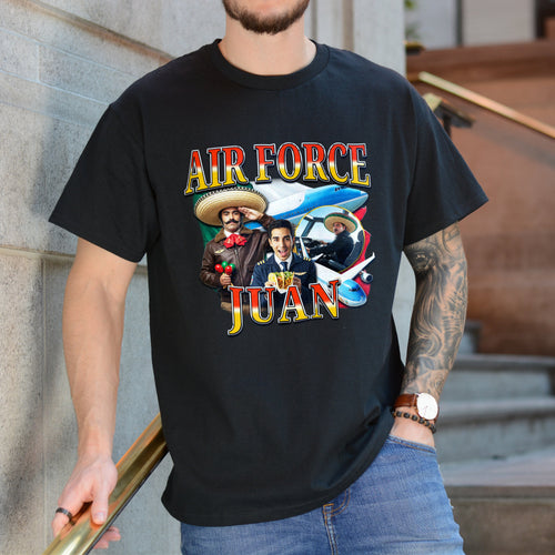 Person wearing a black t-shirt with 'Air Force Are Juans' graphic design.