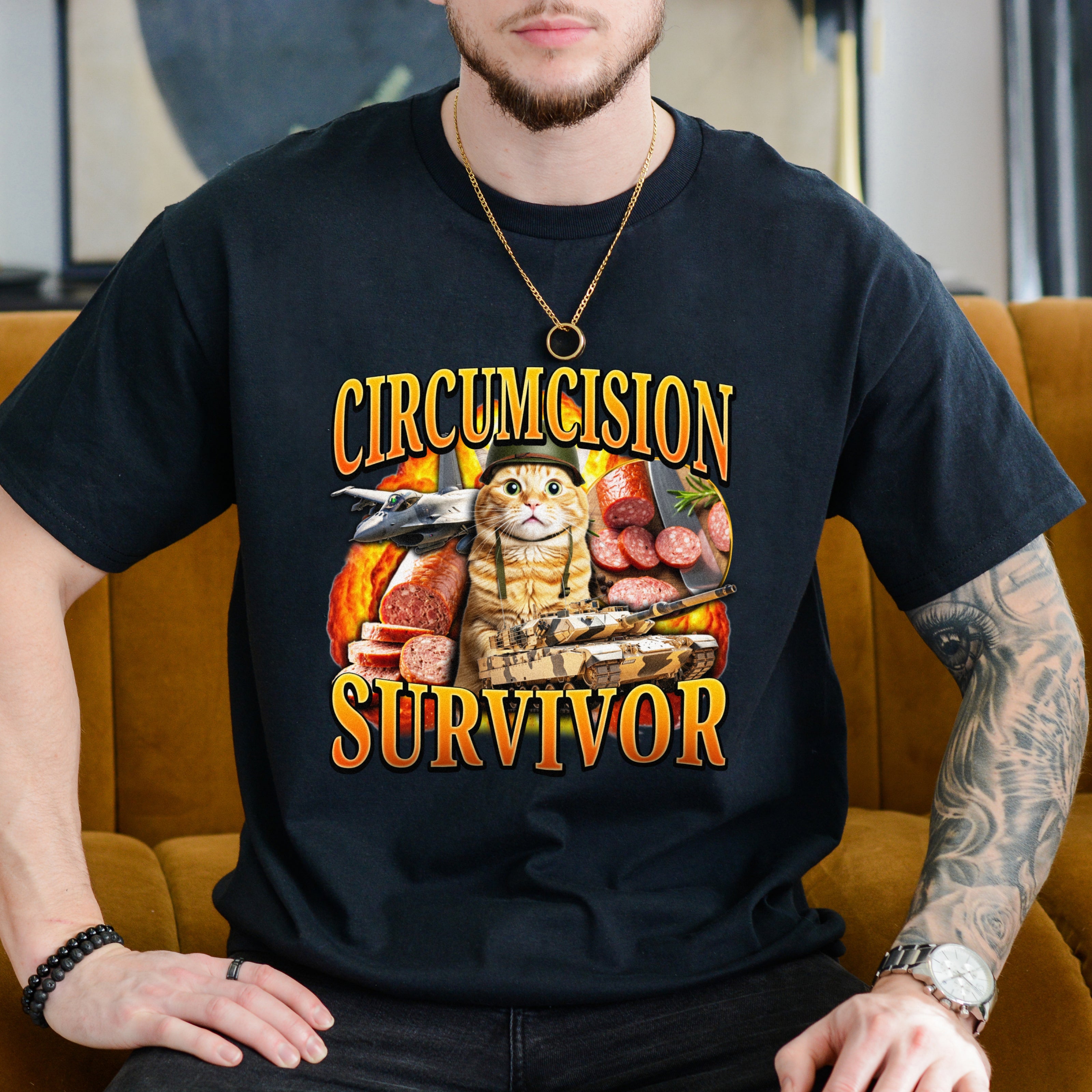 Person wearing a black t-shirt with 'Circumcision Survivor' graphic design.