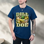 Person wearing a blue t-shirt with a graphic design featuring deer and text.
