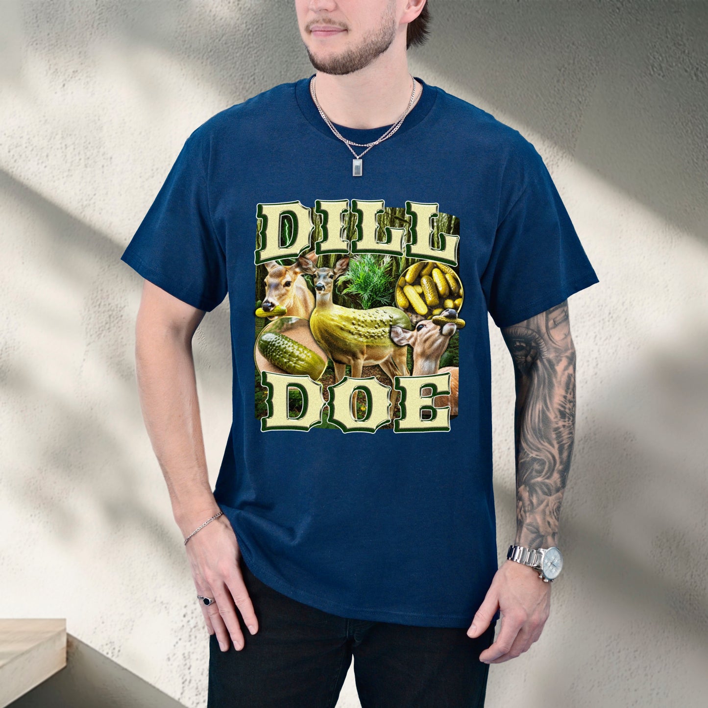 Person wearing a blue t-shirt with a graphic design featuring deer and text.