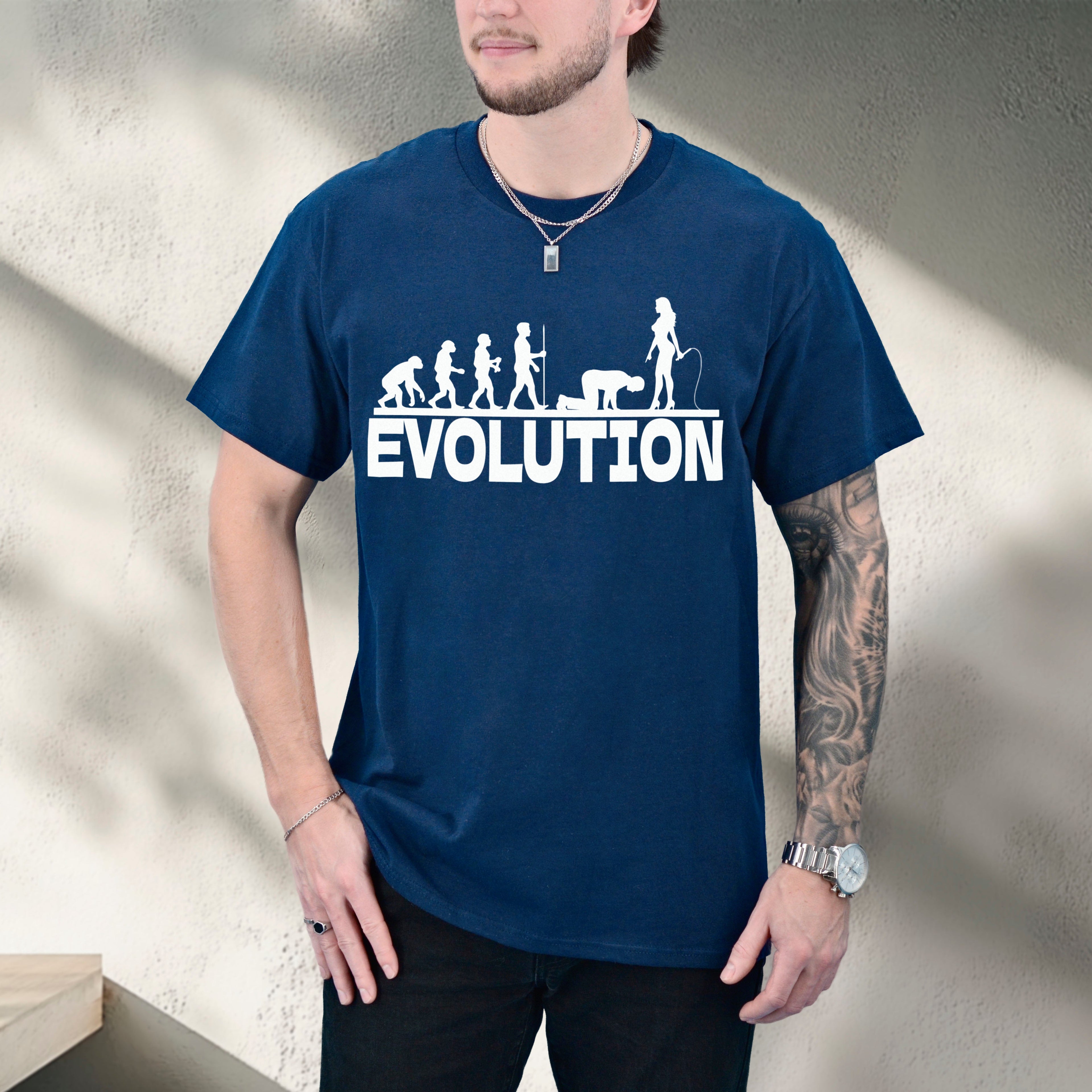 Person wearing a blue t-shirt with 'EVOLUTION' graphic design.