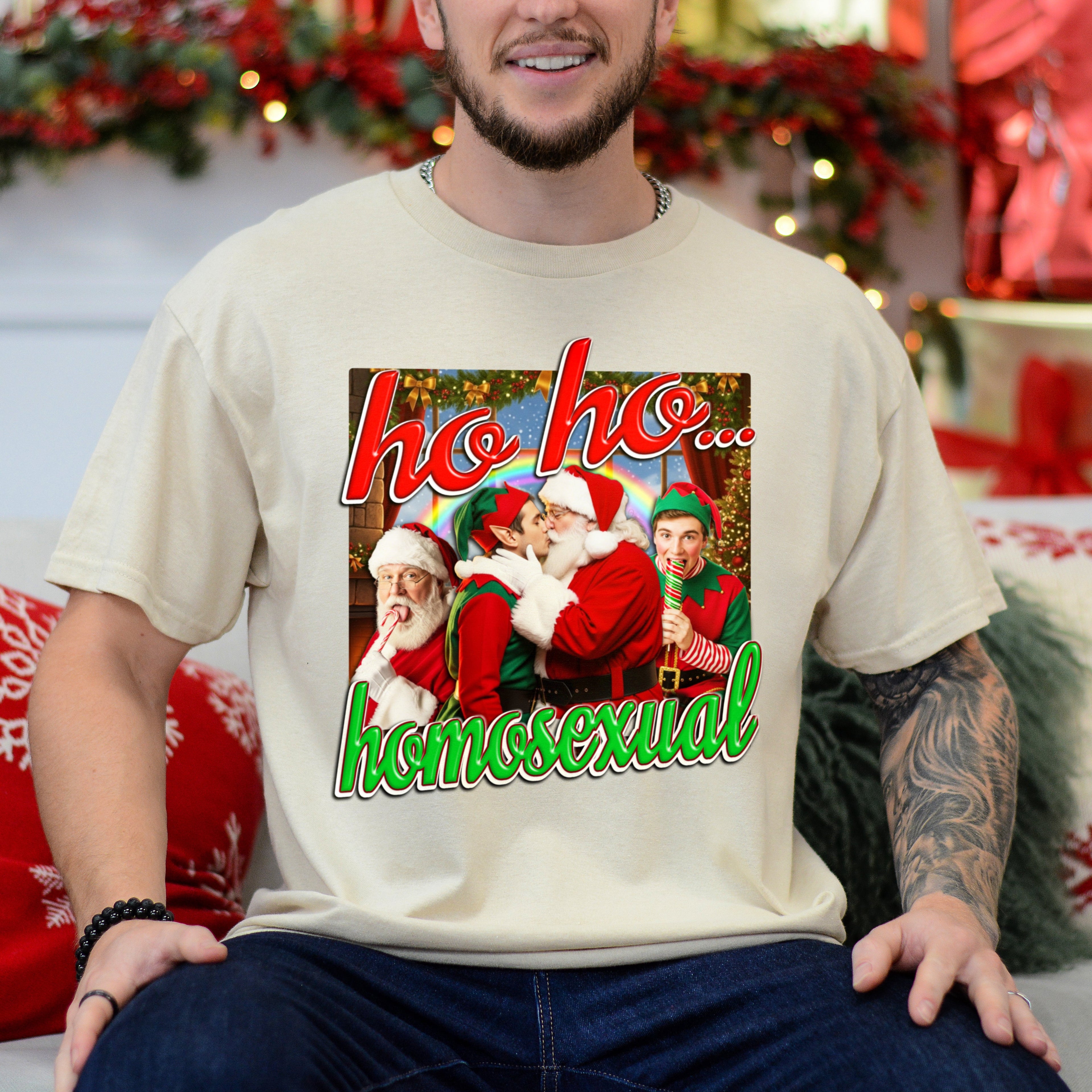 Person wearing a t-shirt with a graphic design featuring Santa Claus and text in a festive setting.