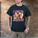 Person wearing a black t-shirt with a graphic design and text, standing against a brick wall.