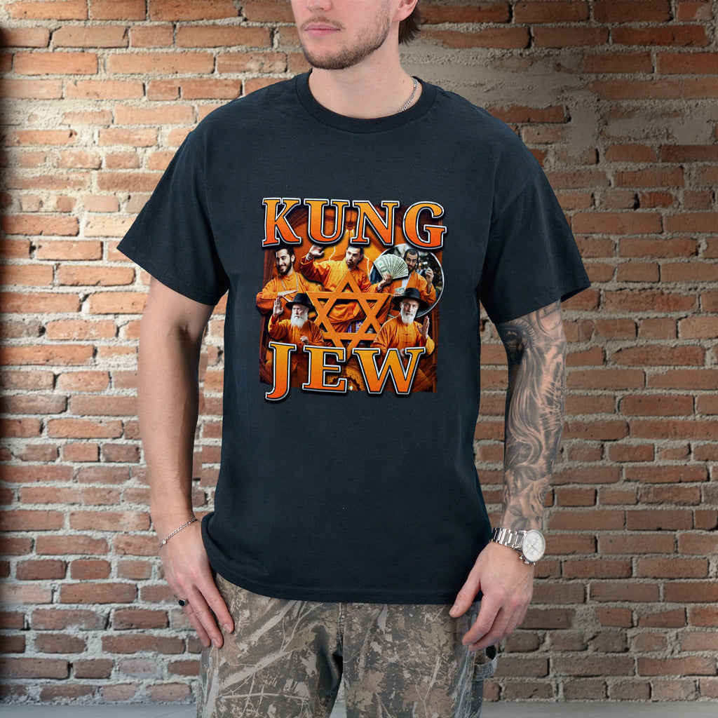 Person wearing a black t-shirt with 'KUNG Jew' graphic design against a brick wall.