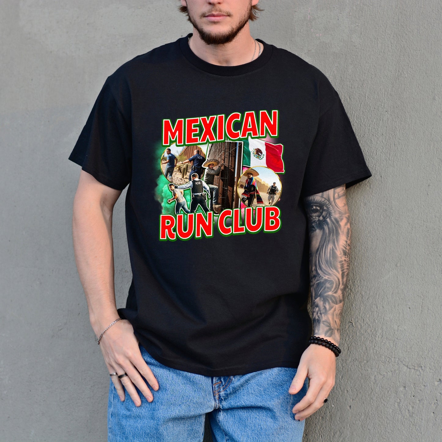 Person wearing a black t-shirt with 'Mexican Run Club' design against a gray wall