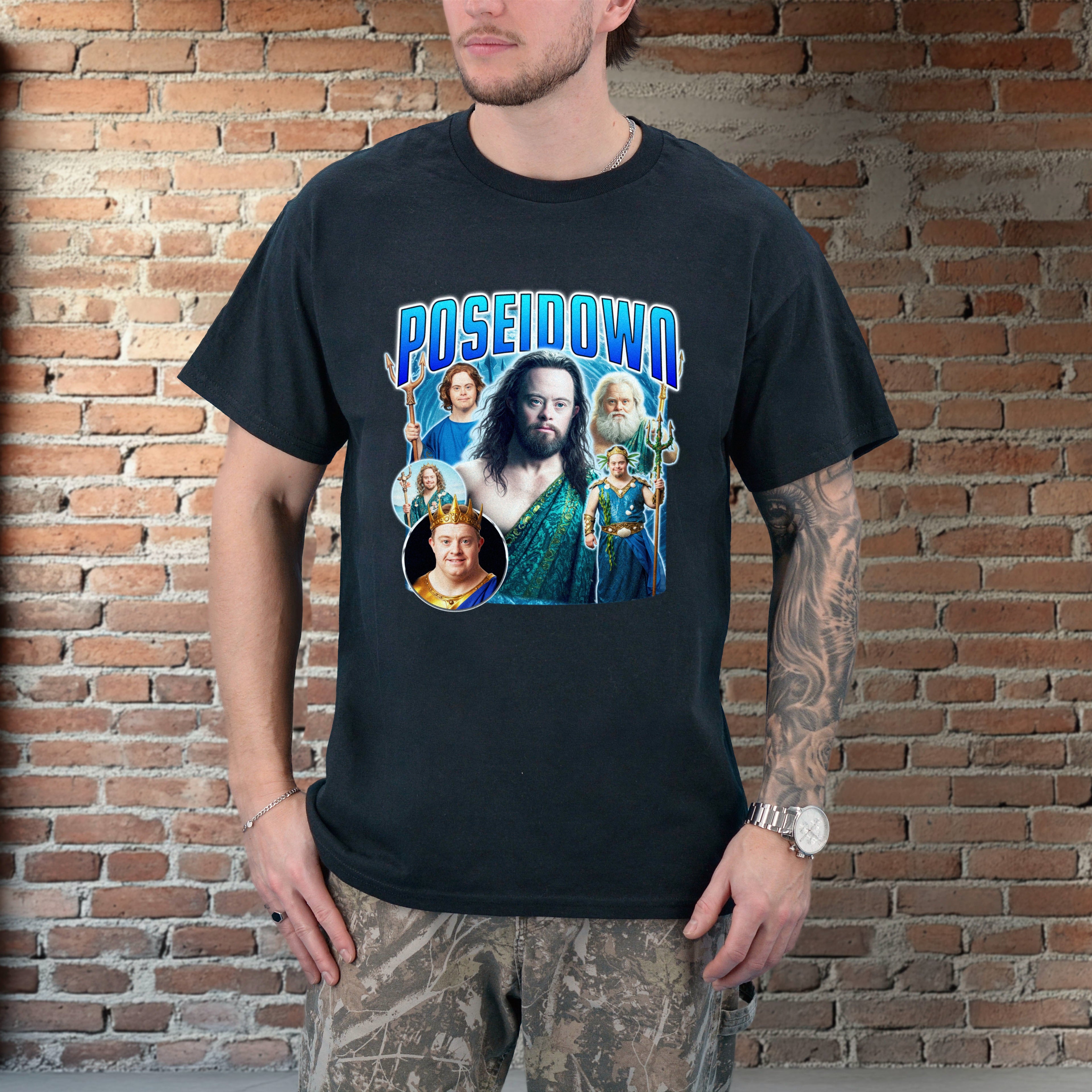 Person wearing a black t-shirt with 'Poseidonia' graphic design against a brick wall.