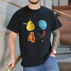 Person wearing a black t-shirt with colorful graphics and text.