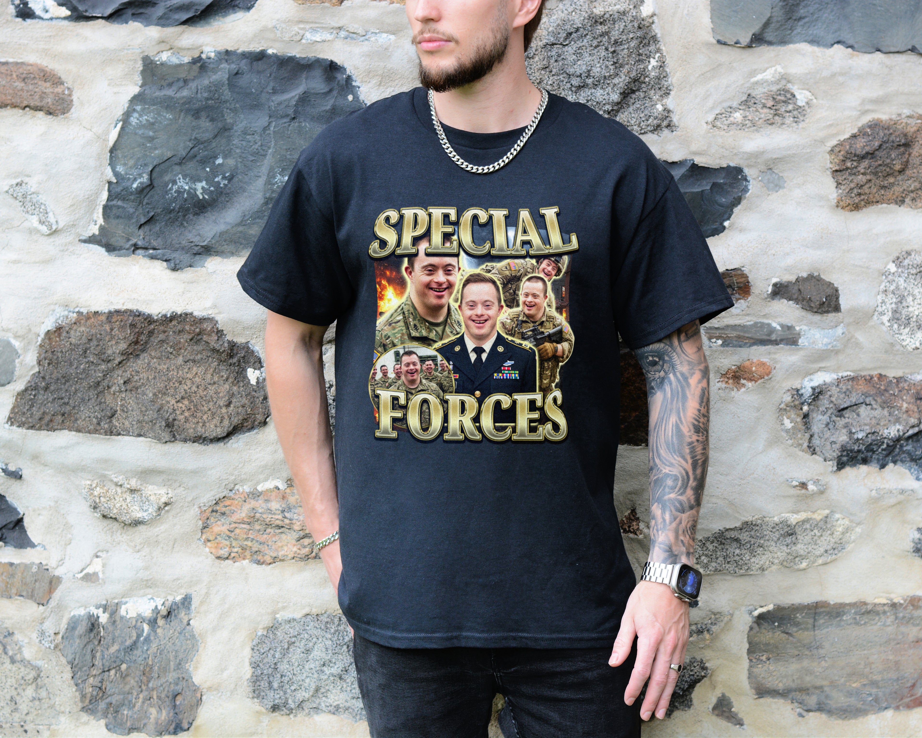 Person wearing a black t-shirt with 'Special Forces' graphic design against a stone wall background
