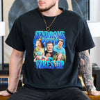 Person wearing a black t-shirt with 'Syndrome Down Vibes Up' graphic design.