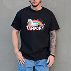 Person wearing a black t-shirt with a graphic design and text against a gray wall.