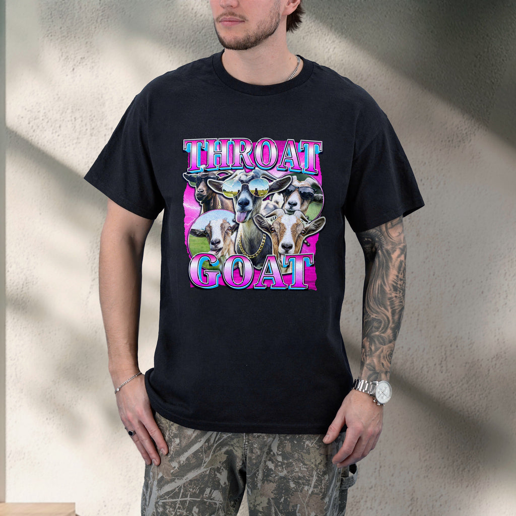 Person wearing a black t-shirt with graphic design and text