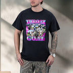 Person wearing a black t-shirt with graphic design and text