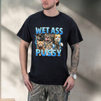 Person wearing a black t-shirt with graphic designs and text.