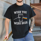 Person wearing a black t-shirt with 'Wish You Were Beer' graphic design.